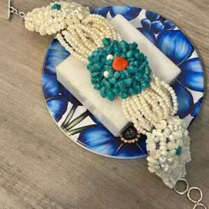 Malee Bracelet Seed beads turquoise white #0066 size 7.5-8.5” toggle clasp